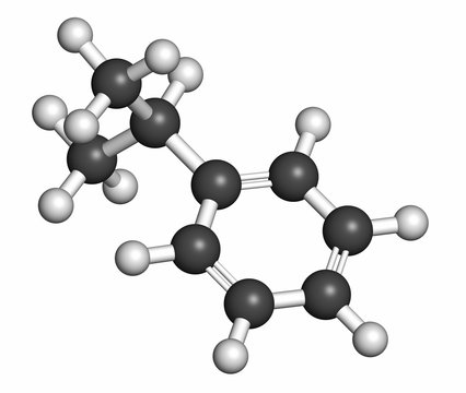Cumene (isopropylbenzene) aromatic hydrocarbon molecule. 