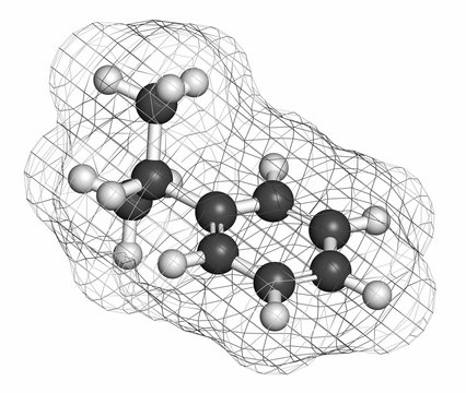 Cumene (isopropylbenzene) aromatic hydrocarbon molecule. 