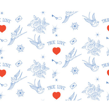 Old school tattoo seamless with tru love signs