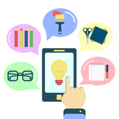 Creativity application on the smartphone. Balloons with  icons of creative tools. White background.