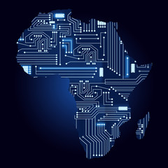 Contour map of Africa with a technological electronics circuit.
