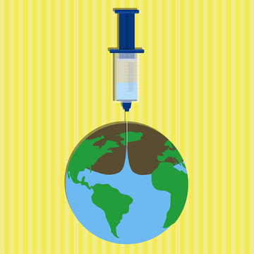 Syringe sucking all the water from the earth. Conceptual illustration on waste water and misuse of natural resources.