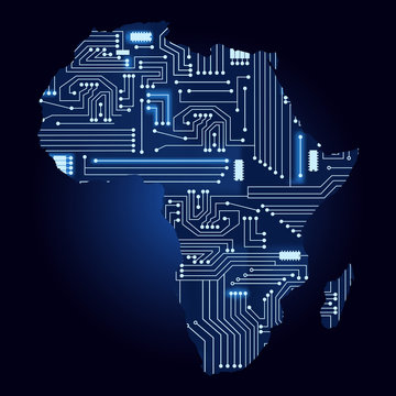 Contour map of Africa with a technological electronics circuit.

