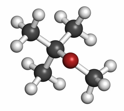 Methyl tert-butyl ether (MTBE, tBME) gasoline additive molecule.