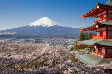 Japan beautiful landscape Mountain Fuji and Chureito red pagoda with cherry blossom sakura