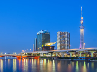 Naklejka premium Tokyo city view with Tokyo sky tree and river in evening
