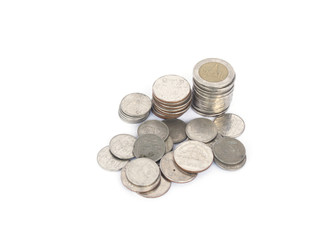 THB Thailand stack of coins sorted in order from bottom to top. White background, space on the left.
