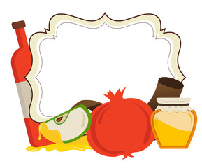 vintage frame with a set of Jewish new year icons and food