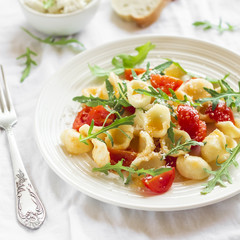 orecchiette pasta with cherry tomatoes, arugula and Parmesan cheese on a white plate on a light background