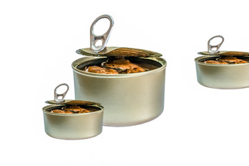 Open canned of tinned fish on white background, canned foods