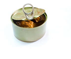Open canned of tinned fish on white background, canned foods