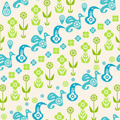 Abstract seamless pattern of birds and flowers