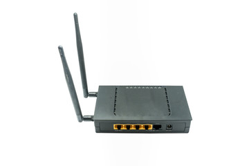 Wi-Fi router with two antennas isolated on white background.