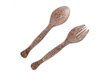 wooden spoon and fork on white background