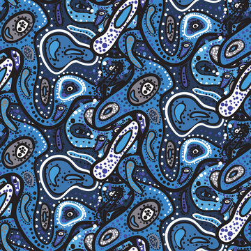 Blue seamless pattern of small spots, dots and paisley in Africa