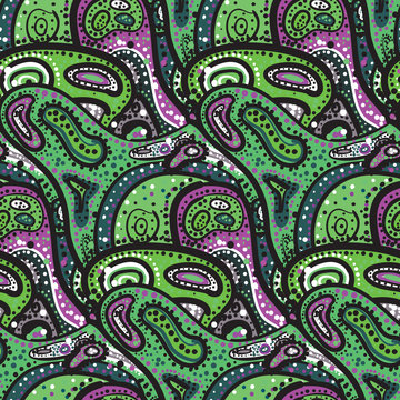 Green seamless pattern of small spots, dots and paisley in Afric