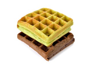 chocolate and pandan leaves flavor waffle with raisin on white b