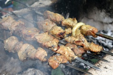 Pork shish kebab on skewers