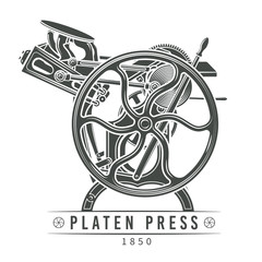 Platen press vector illustration. Old letterpress logo design