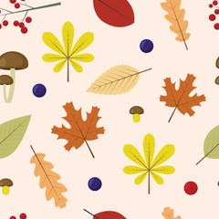 Seamless pattern with autumn leaves, berries, mushrooms