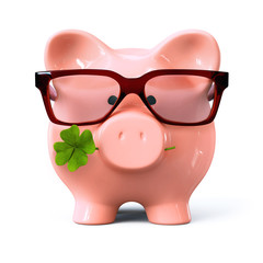 Piggy bank with calculator, glasses, coin stacks and plant