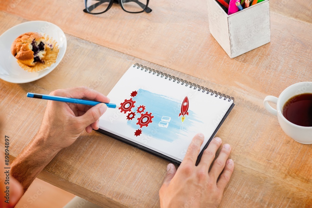 Poster composite image of man writing notes on notebook