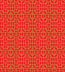 Golden seamless Chinese window tracery square geometry line pattern background.
