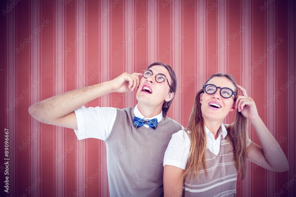 Poster composite image of geeky hipsters looking confused