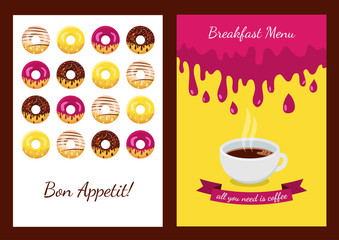 Set of vector background with donuts. Abstract concept for cafe,