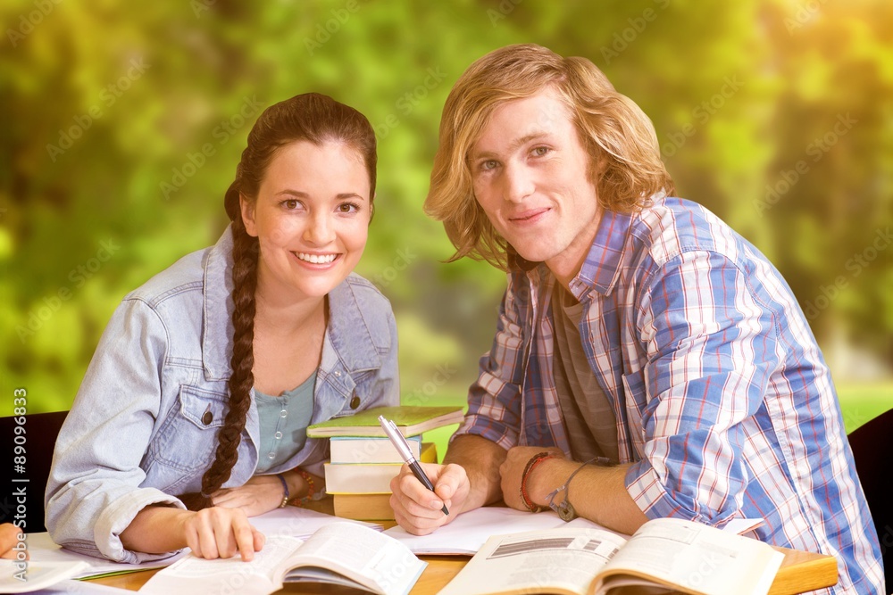 Poster composite image of college students doing homework in library