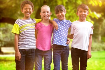 Composite image of happy friends smiling at camera 