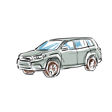 Colored hand drawn car on white background, illustration of a SU