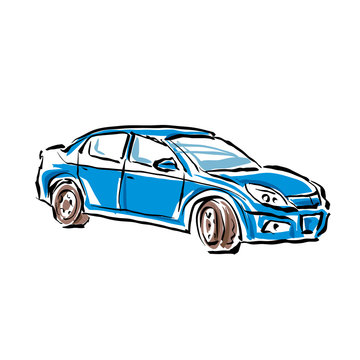 Colored hand drawn car on white background, illustrated sedan.