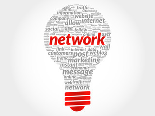 Network bulb word cloud, business concept