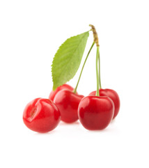  Ripe cherries with a leaf.