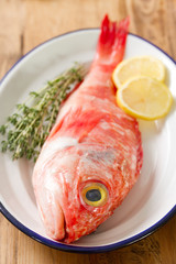 red fish with herbs and lemon on dish