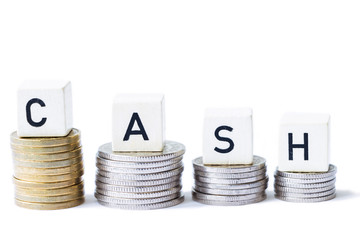 stack of money with the word cash isolated white background