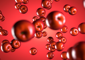 Red juicy healthy apples falling against red background.