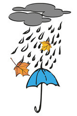 Blue umbrella under autumn rain. Vector illustration.