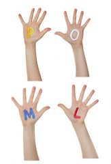 Alphabet (letters) painted on children hands.  Rises up hands. 
