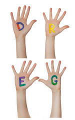 Obraz premium Alphabet (letters) painted on children hands. Rises up hands. 