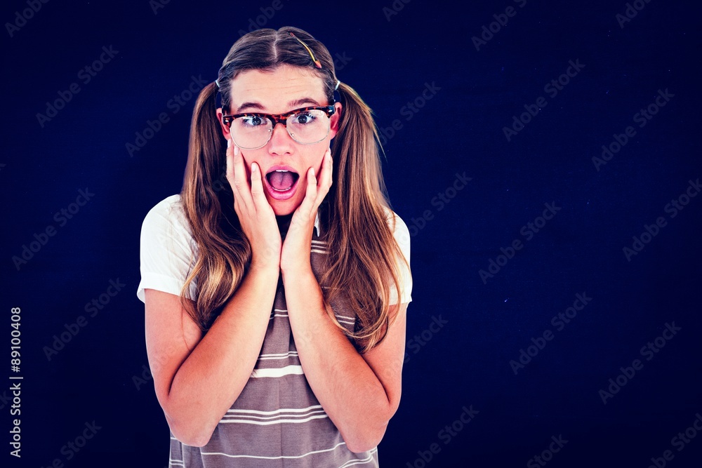 Poster composite image of surprised geeky hipster looking at camera