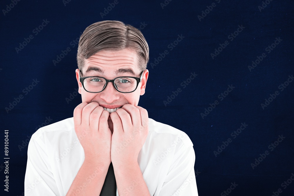 Poster composite image of geeky businessman looking nervously at camera