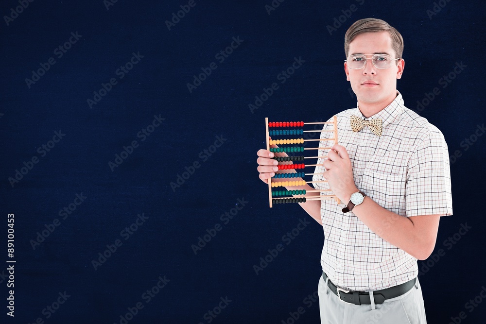 Poster composite image of geeky hipster holding an abacus