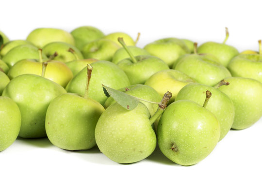 Noncommercial variety of green apples on white