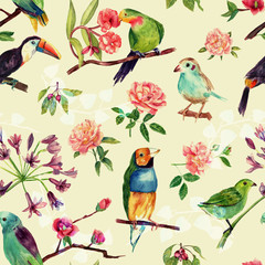 A seamless pattern with vintage style watercolor birds and roses