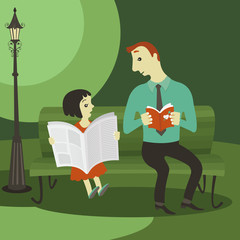 Fototapeta na wymiar The girl reading a newspaper and man read romance novels in the park.