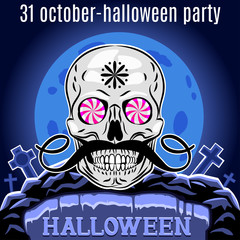 Halloween Party design template for poster. Funny skull. Vector.