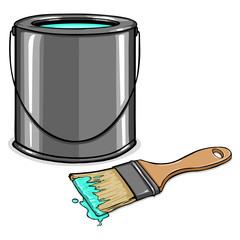 Vector Cartoon Turquoise Paint Can and Brush