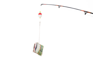 Concept of fishing line with money currency as bait or incentive